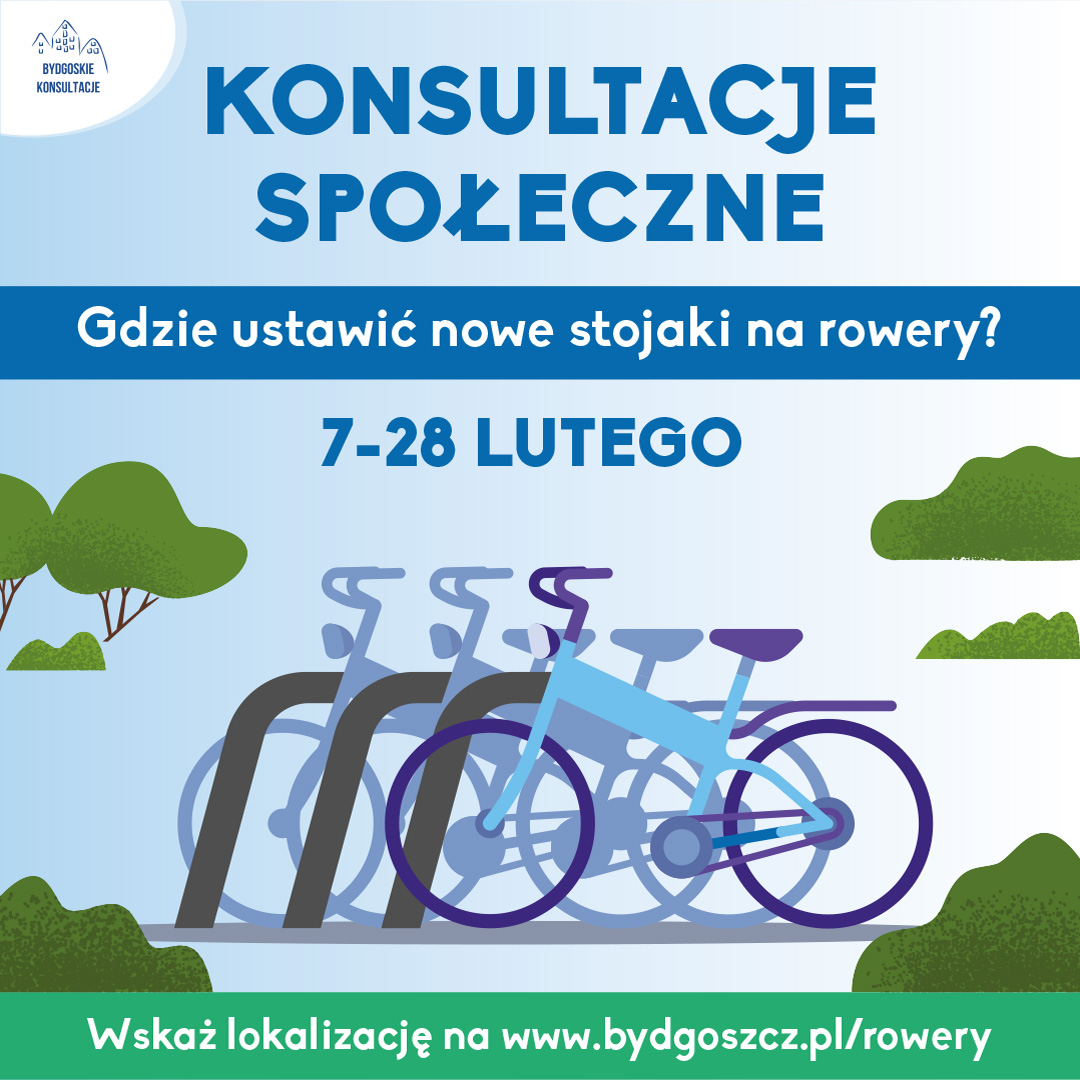 Plakat konsultacji społecznych dotyczących lokalizacji 500 nowych stojaków rowerowych